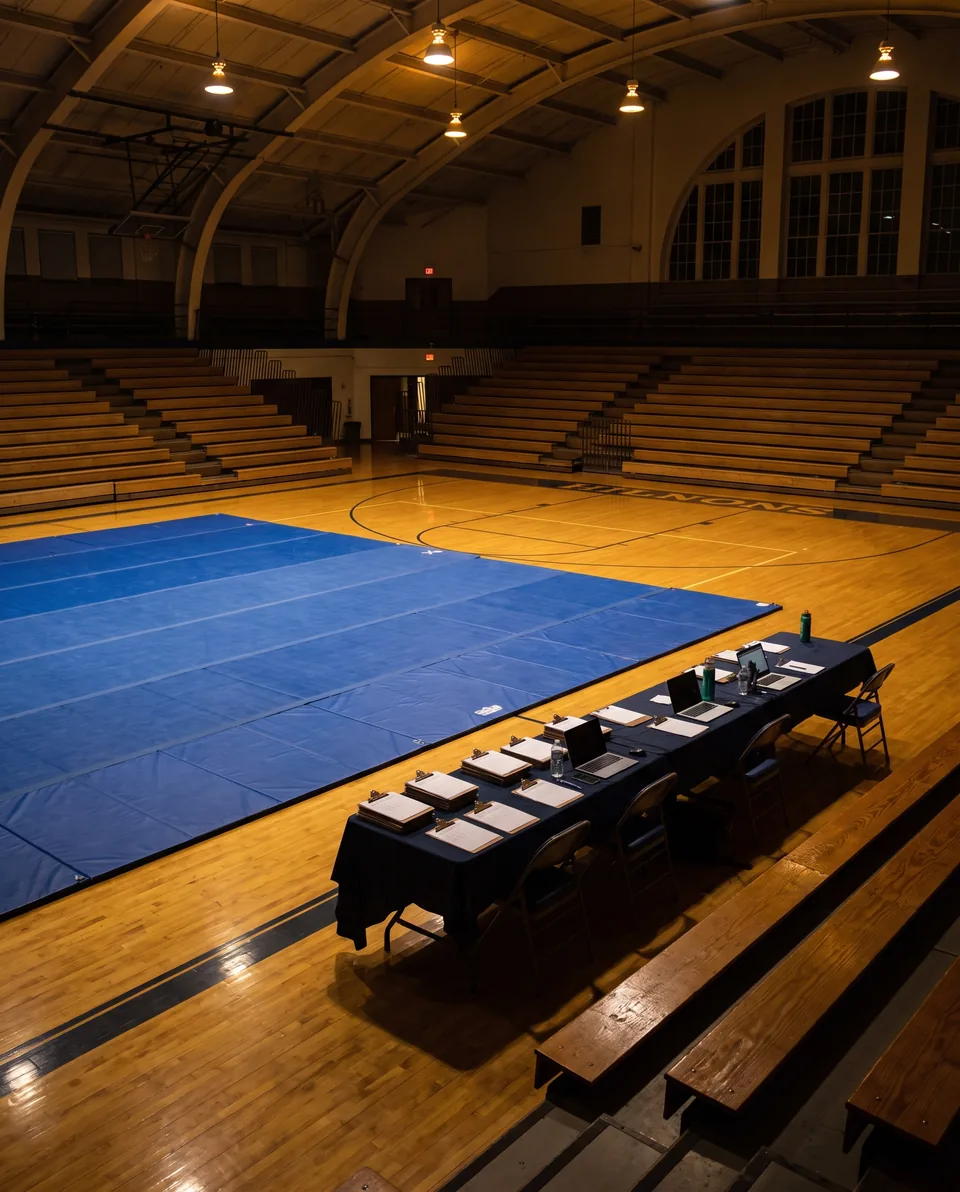 Arena floor with a blue competition mat and the judges table set up before a high school cheer state final