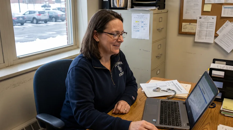 Head cheer coach planning the state series season on a laptop in a school athletic office