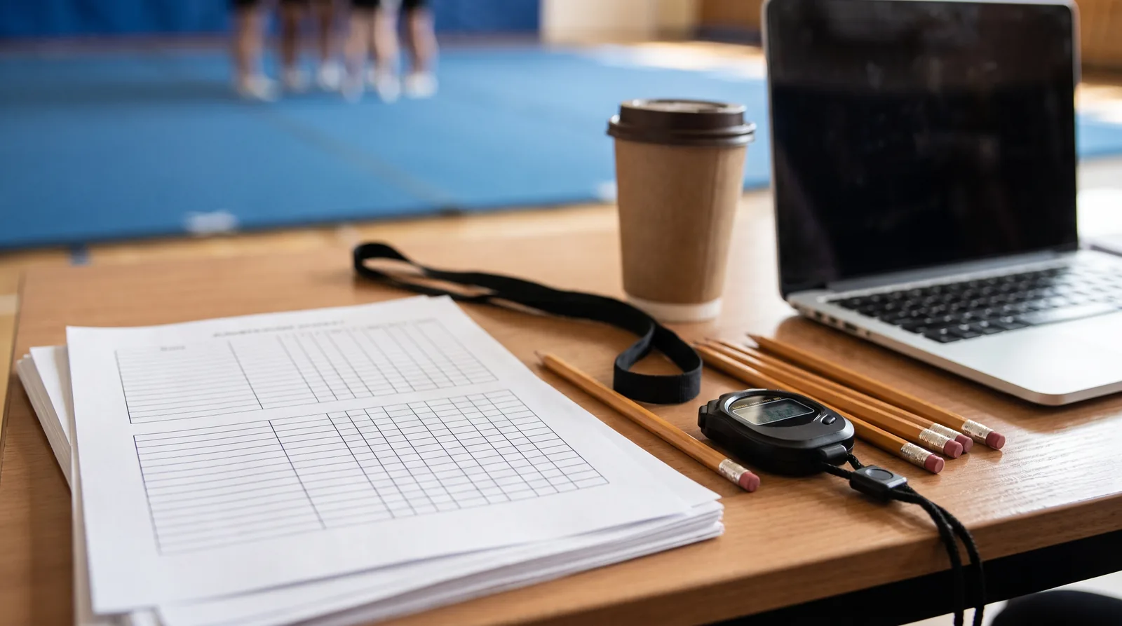 Judges table with score sheets, pencils and a stopwatch beside a cheer competition mat