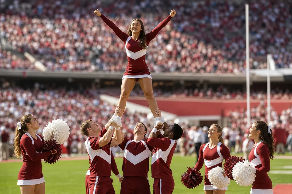 A college cheer squad in crimson and white uniforms performing a stunt on a football stadium sideline