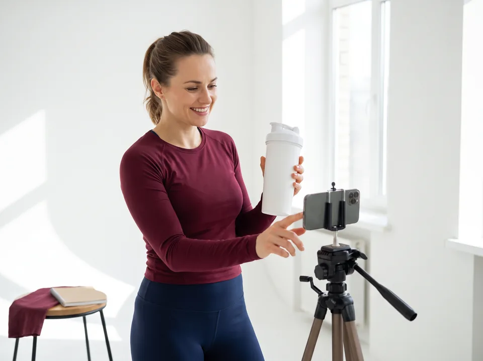A cheer athlete filming a short video for a sports brand