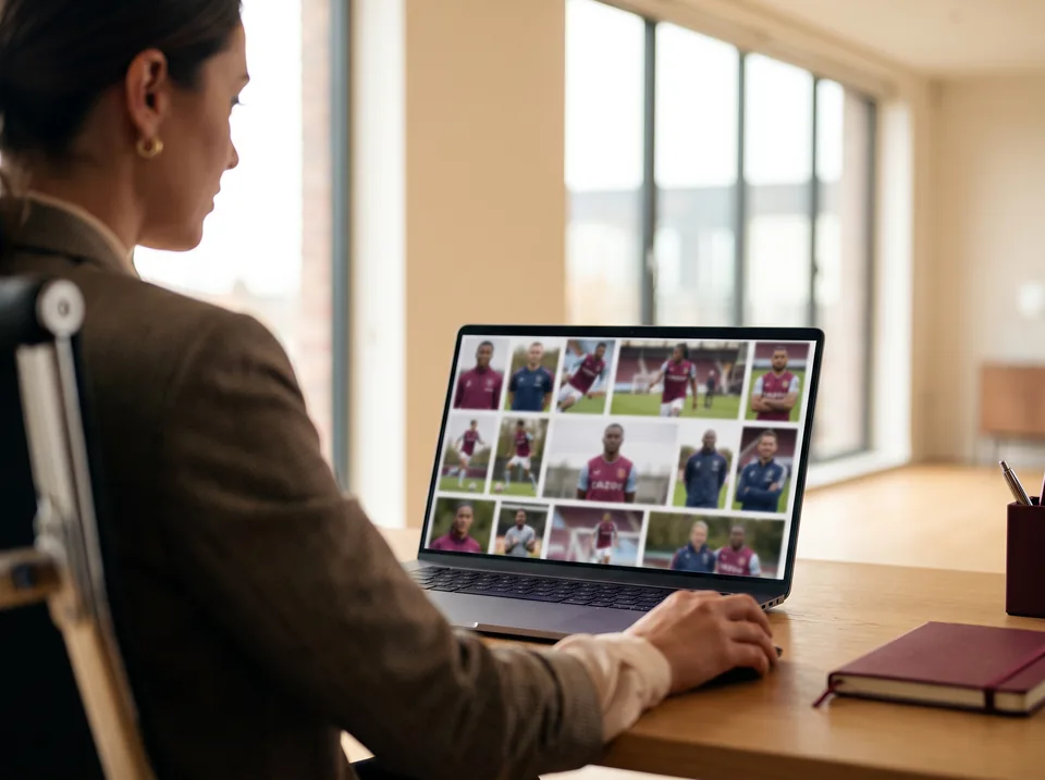 An event planner reviewing athlete profiles on a laptop