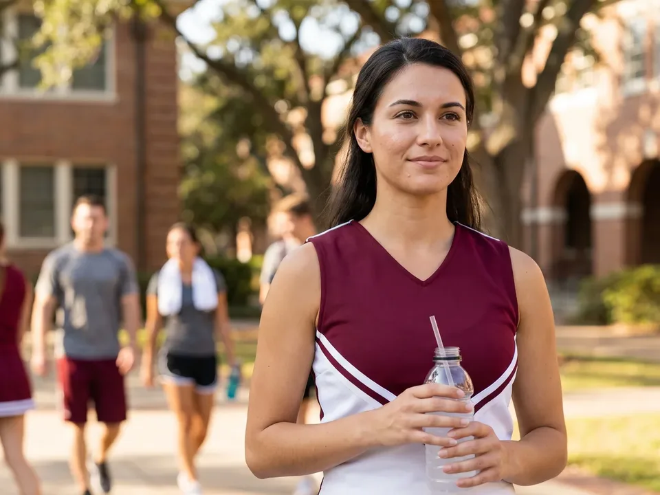 A college cheer athlete in uniform holding a water bottle on campus