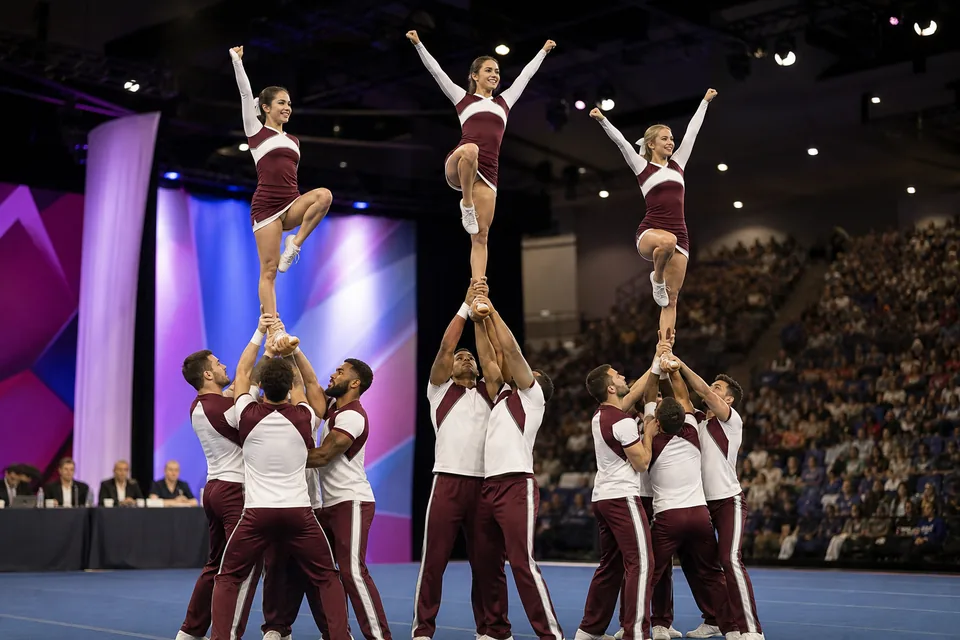 A college cheer team holding a full extension pyramid on a competition mat at a national championship