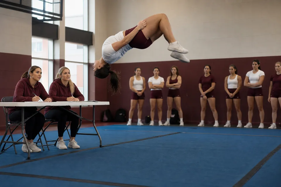 College cheer coaches scoring a tryout candidate's standing tumbling in a university practice gym