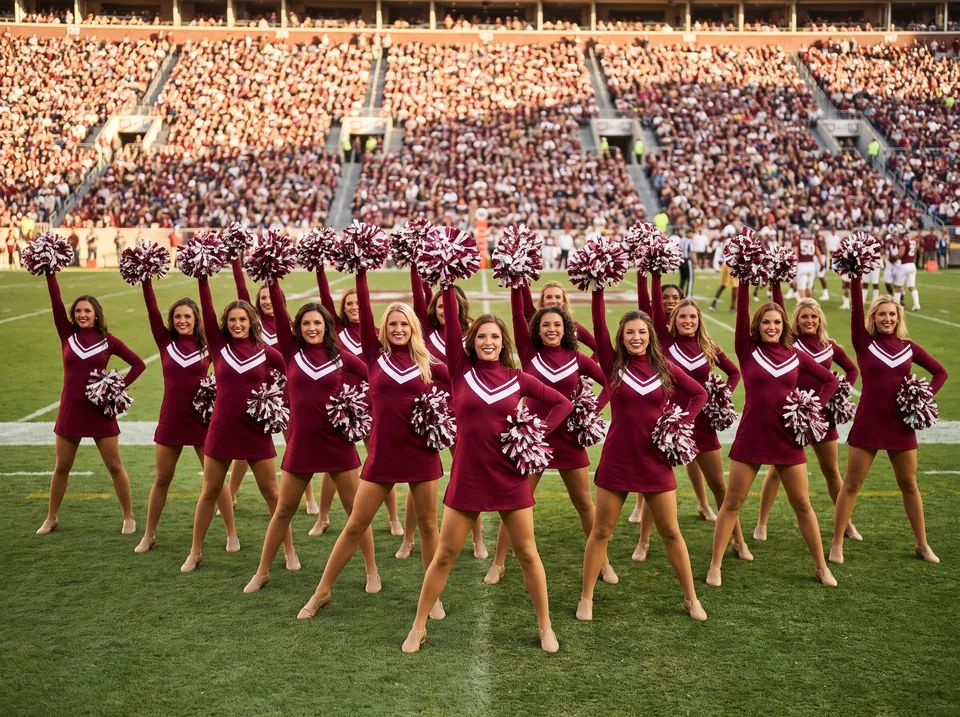 Pro cheerleaders on the field during a game