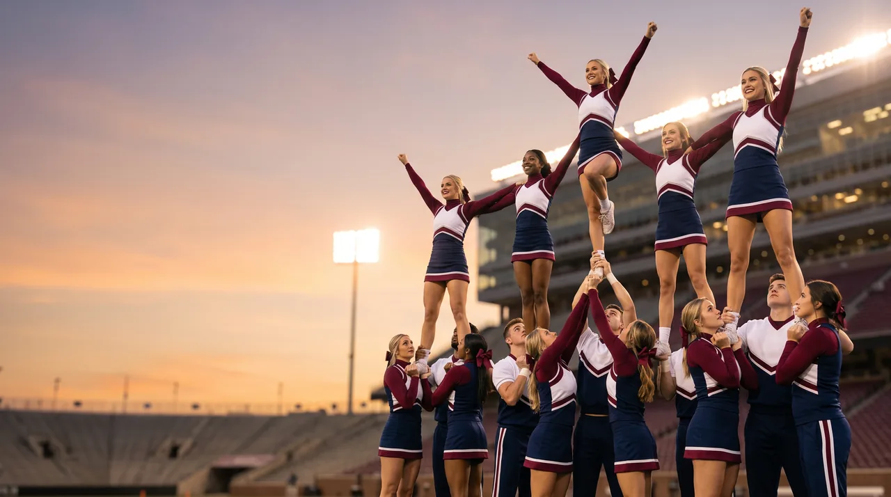 College cheerleaders performing a stunt on a stadium sideline at dusk