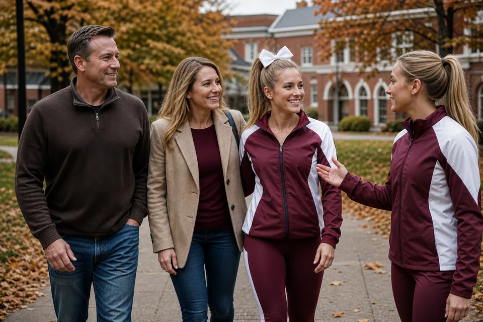 A cheer recruit and her parents on a campus visit with a college coach at a small private college in autumn