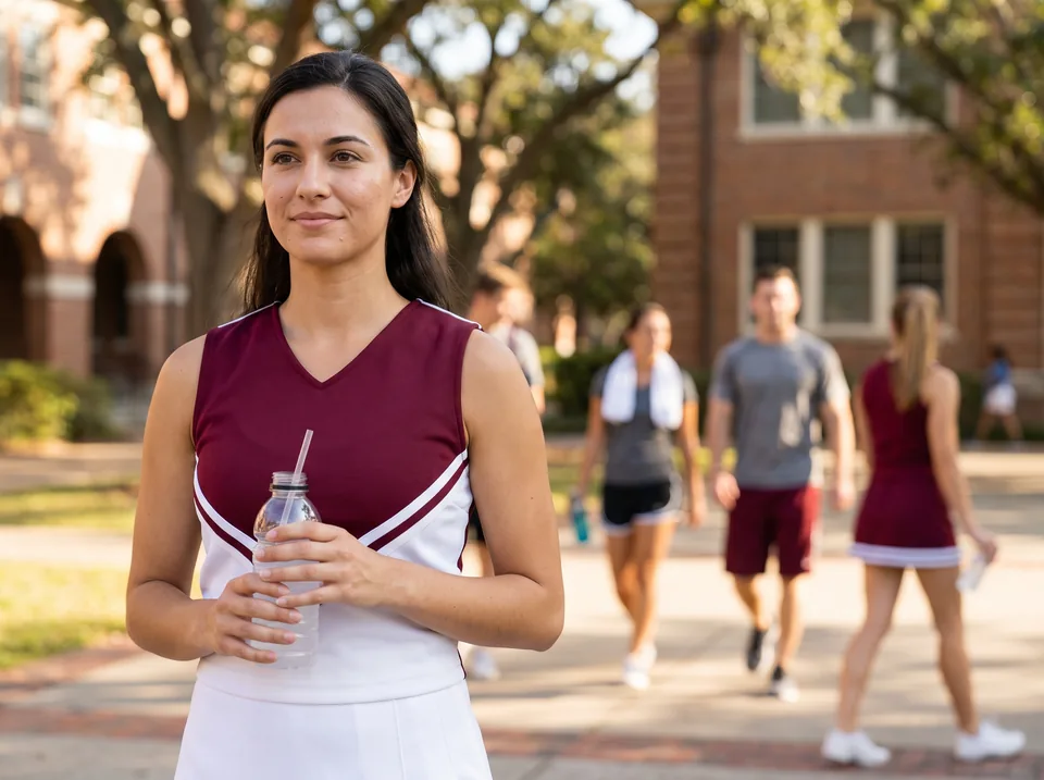 A college cheer athlete at a brand shoot on campus