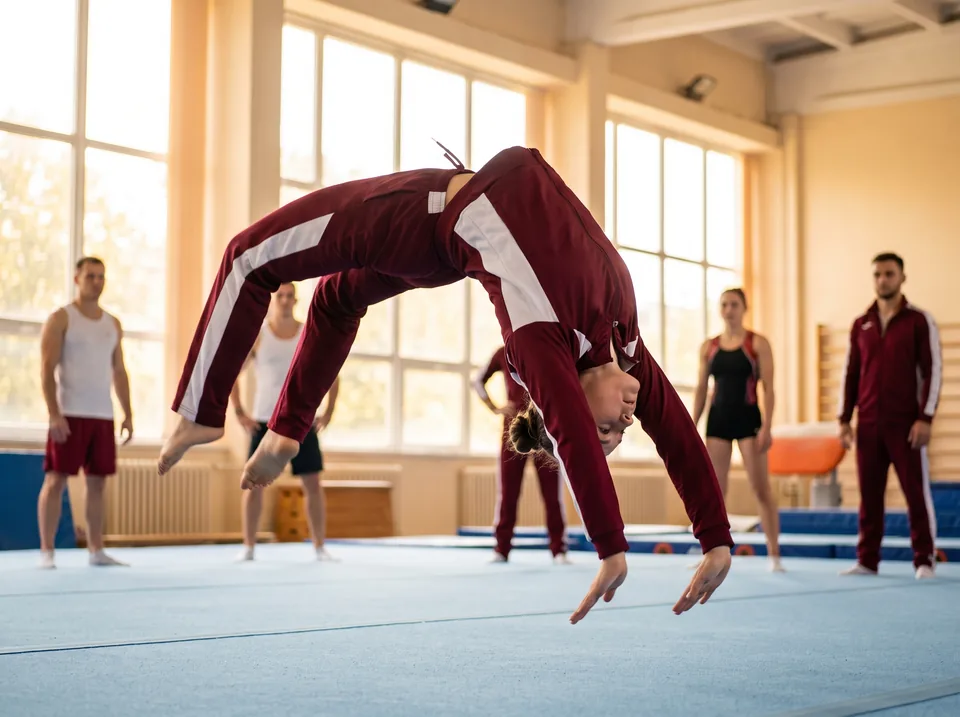 An athlete doing a back handspring on a spring floor